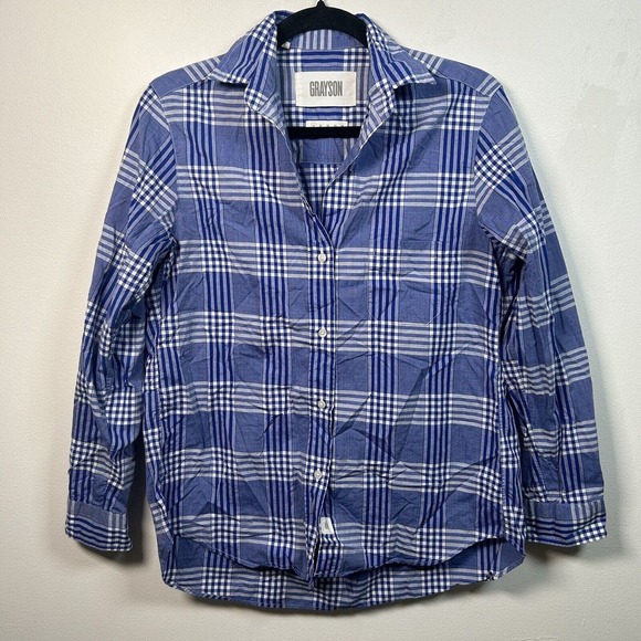 Grayson The Hero Blue White Plaid Lightweight Button Down Shirt Blouse Sz 1 XS - Picture 3 of 8